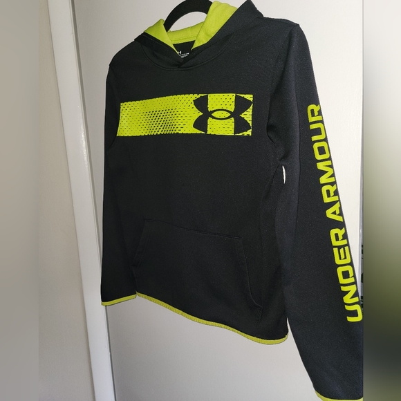 🔴UNDER ARMOUR Fleece Hoodie (Youth LG, Black/Yellow graphics) - Picture 2 of 6